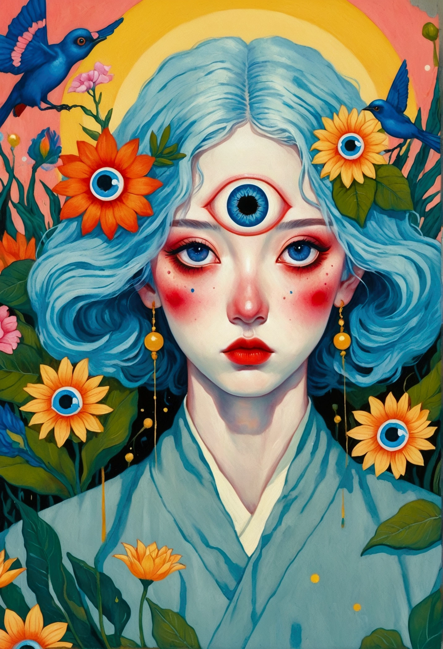The painting shows a woman with blue hair and blue eyes，robe，Surrounded by exotic flowers, Nandor Katona (Soldier Nándor) Surrealism, Winner of the Behance competition, Pop surrealism, Pop surrealism lowbrow art style, lowbrow Pop surrealism, japanese Pop surrealism, Third Eye Vision, Star-studded eyes, The Third Eye, Portrait of a mysterious giant eye, Psychedelic illustration