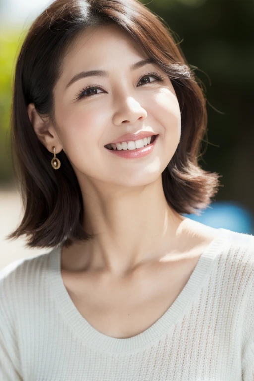 最high quality, In 8K, Masseter muscle area, Lifelike, Sharp focus, high quality, High resolution, Detailed face, Detailed eyes, Thick lips, Background Blur, solo, Middle-aged women, , 55 years old, , Wavy Hair, Cleavage, Wearing a plain short-sleeved knit, Afternoon in front of the park garden, Wrinkles around the eyes, Toothy smile