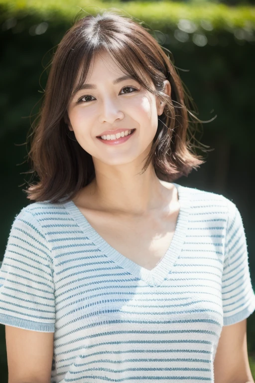 最high quality, In 8K, Masseter muscle area, Lifelike, Sharp focus, high quality, High resolution, Detailed face, Detailed eyes, Thick lips, Background Blur, solo, Middle-aged women, , 55 years old, , Wavy Hair, Cleavage, Wearing a plain short-sleeved knit, Afternoon in front of the park garden, Wrinkles around the eyes, Toothy smile