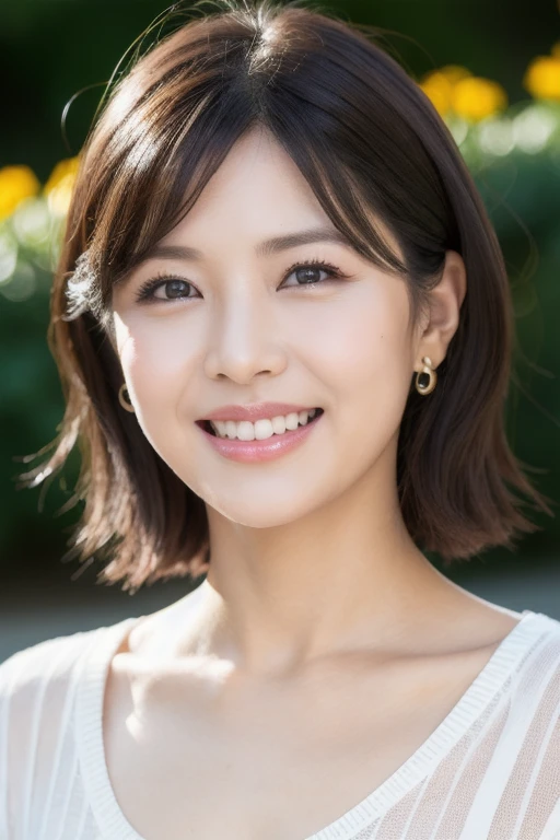 最high quality, In 8K, Masseter muscle area, Lifelike, Sharp focus, high quality, High resolution, Detailed face, Detailed eyes, Thick lips, Background Blur, solo, Middle-aged women, , 55 years old, , Wavy Hair, Cleavage, Wearing a plain short-sleeved knit, Afternoon in front of the park garden, Wrinkles around the eyes, Toothy smile