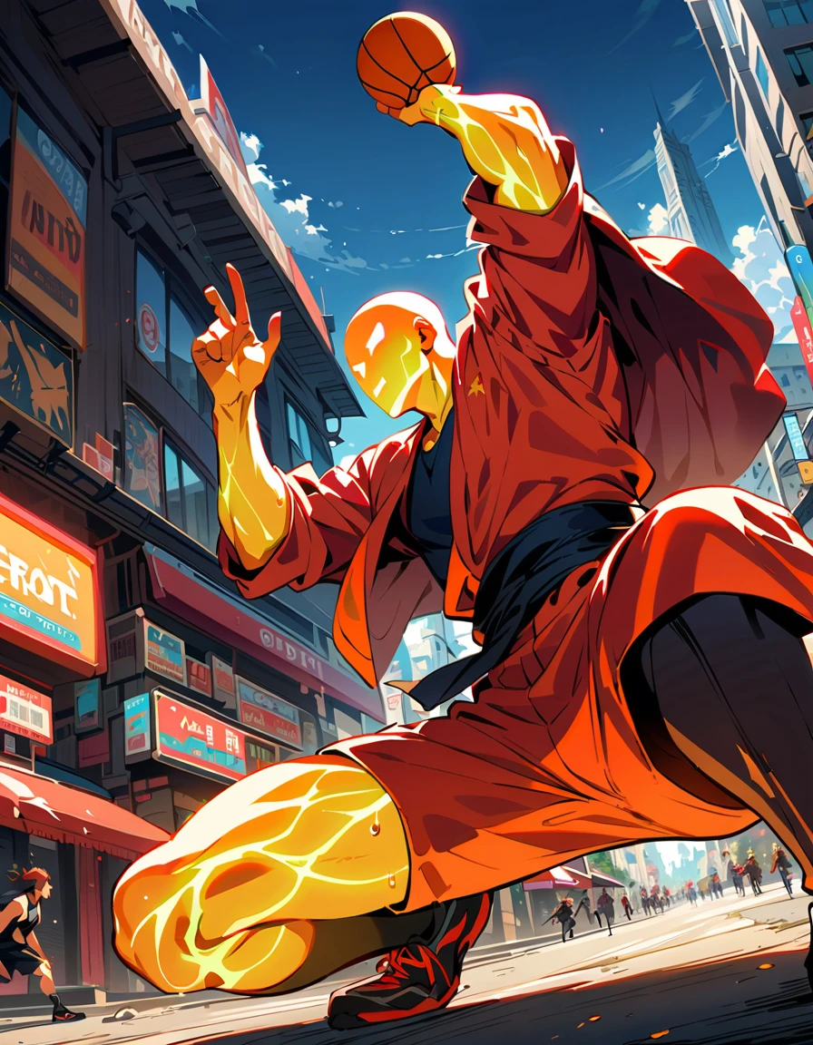 Young and beautiful man,(Highest quality,Extremely detailed depiction,Incredible high resolution,Anatomically accurate depiction,software),(Glowing Skin,Glowing Skin,Sweat),Fighting athlete,Martial arts clothing,basketball,Awesome punch,Victory pose,background:Street,From below:1.3