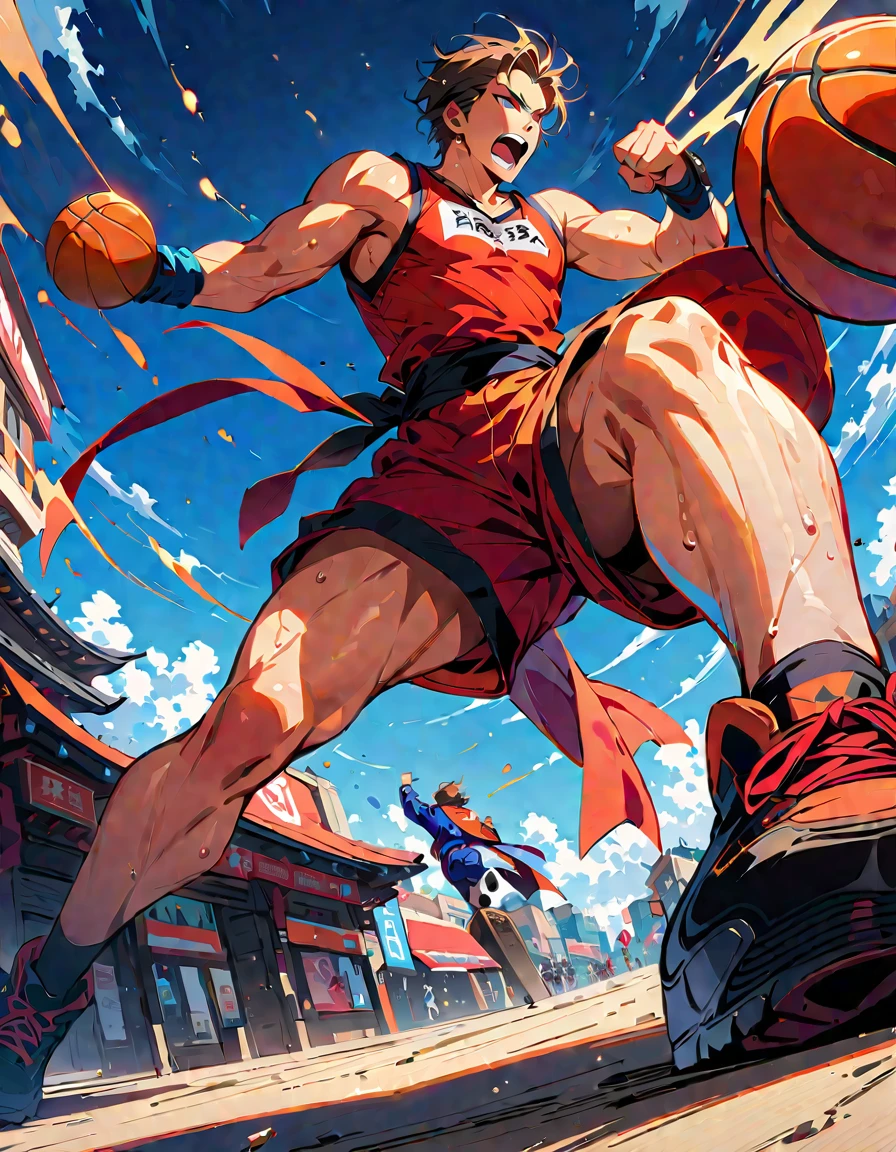 Young and beautiful man,(Highest quality,Extremely detailed depiction,Incredible high resolution,Anatomically accurate depiction,software),(Glowing Skin,Glowing Skin,Sweat),Fighting athlete,Martial arts clothing,basketball,Awesome punch,Victory pose,background:Street,From below:1.3