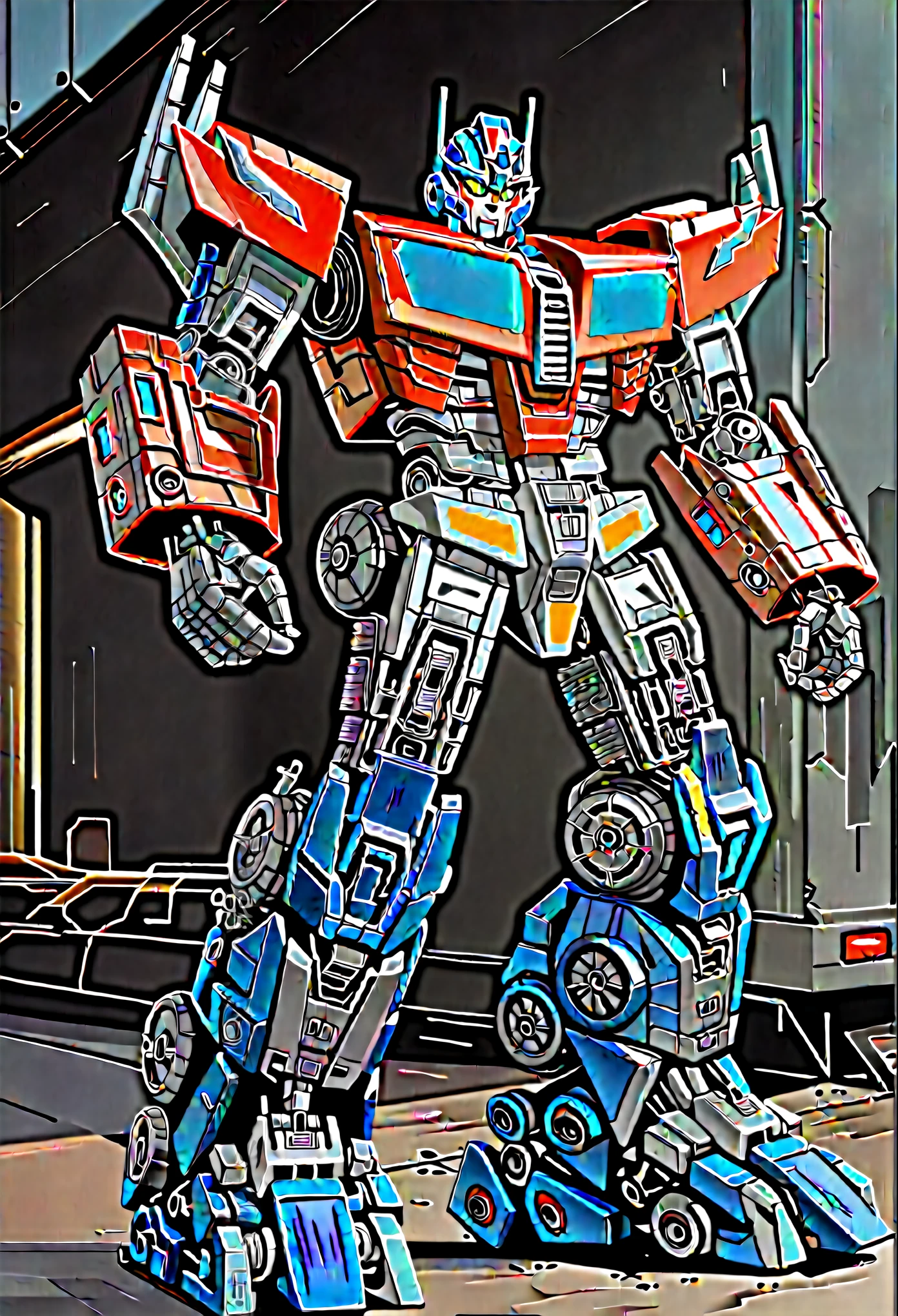 รูปปั้นอาราฟเฟ่ ของElectrical transformer ยืนอยู่หน้ารถบรรทุก, best first, Robot made from truck parts, from Electrical transformers, in the movie Electrical transformers, Electrical transformer, Electrical transformers fused with best first, Electrical transformers toys, Electrical transformers, Electrical transformers tech, Electrical transformers!!!!!!!!!!!!!, Futuristic cars and mecha robots, gigantic robot, Electrical transformers cinematic universe, mighty mecha robot