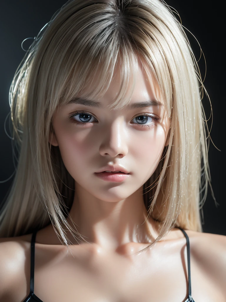top-quality、8K Masterpiece、超A high resolution、(Photorealsitic:1.3)、Raw photo、1 girl、silver white hair、glowy skin、1 Beautiful Soldier、((super realistic details))、portlate、globalillumination、Shadow、octan render、8K、ultrasharp、beauty breast、Raw skin is exposed in cleavage、leather、cold color、、highly intricate detail、Realistic light、CGSoation Trends、Beautiful eyes、radiant eyes、Facing the camera、neon details、In this striking mixpnk-style portrait, a youthful face is delicately rendered in white charcoal shading on a sleek black backdrop. The subject's features are intricately defined by a multitude of fine lines, creating a sense of depth and dimensionality. The minimalist composition focuses the viewer's attention on the subtle nuances of the young face, as the artist skillfully captures the subtleties of expression through precision drawing.