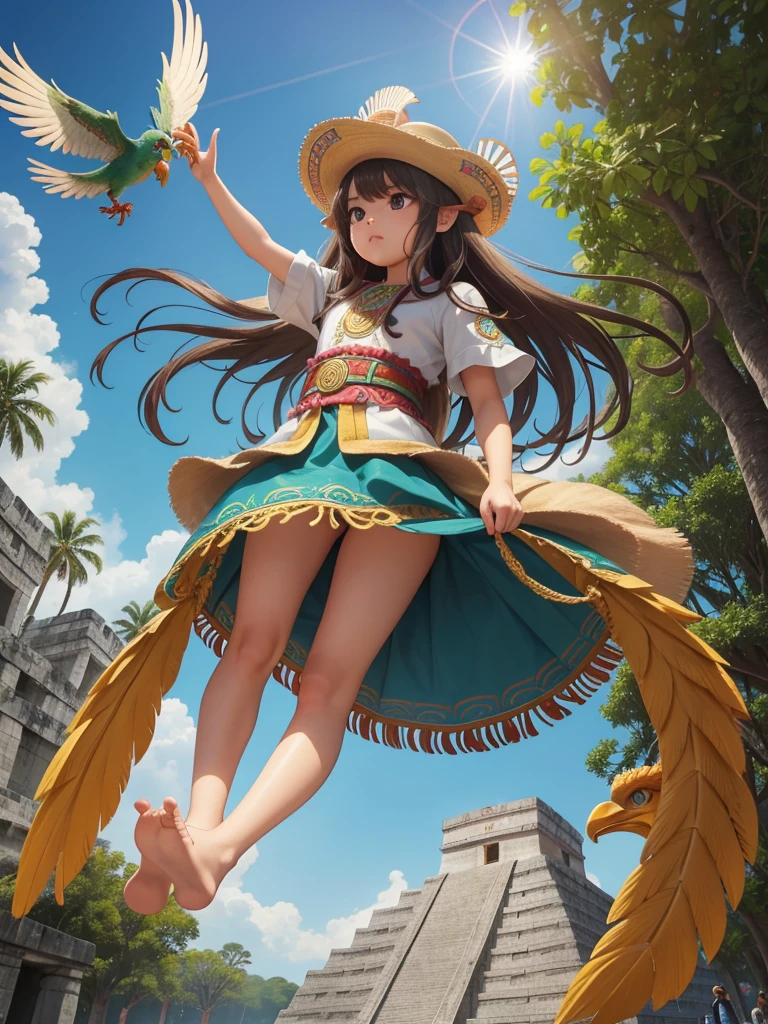 Childish, high quality、Very detailed、8Year、Mayan Aztec young priestess、Flying Feathered Serpent(Quetzalcoatl Kukulkan)look up at the sky and pray、Chichen Itza Forest Temple of the Sun、mysterious、whole body