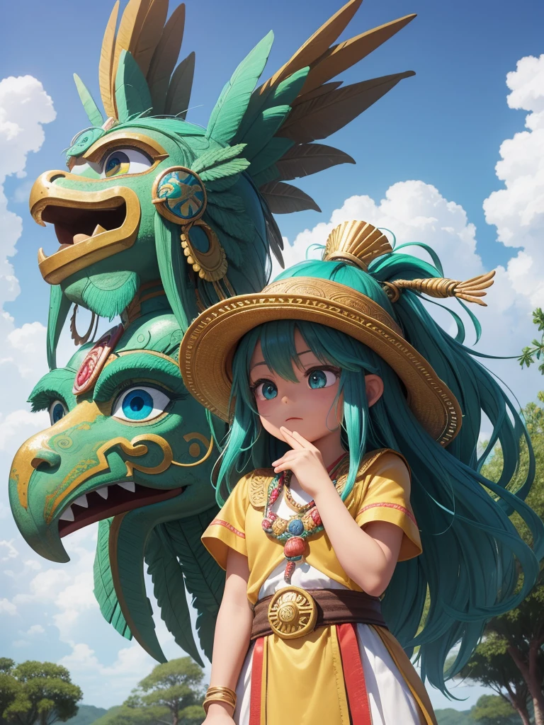 Childish, high quality、Very detailed、8Year、Mayan Aztec young priestess、Flying Feathered Serpent(Quetzalcoatl Kukulkan)look up at the sky and pray、Chichen Itza Forest Temple of the Sun、mysterious、whole body