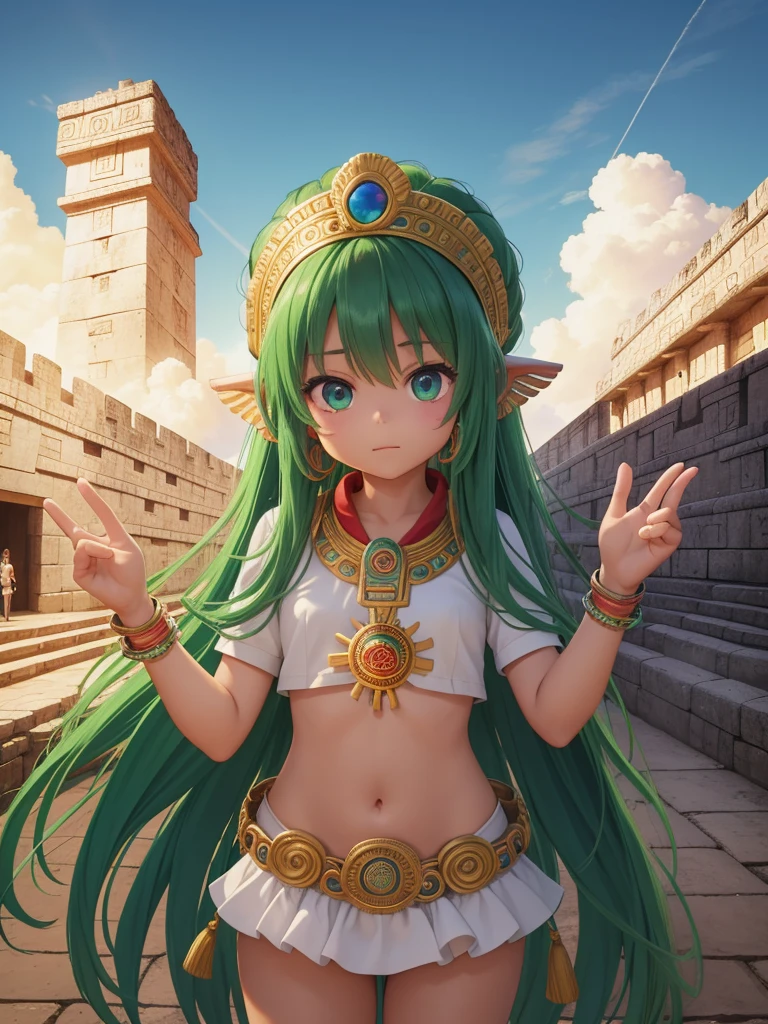 Childish, high quality、Very detailed、8Year、Mayan Aztec young priestess、Flying Feathered Serpent(Quetzalcoatl Kukulkan)look up at the sky and pray、Chichen Itza Forest Temple of the Sun、mysterious、whole body