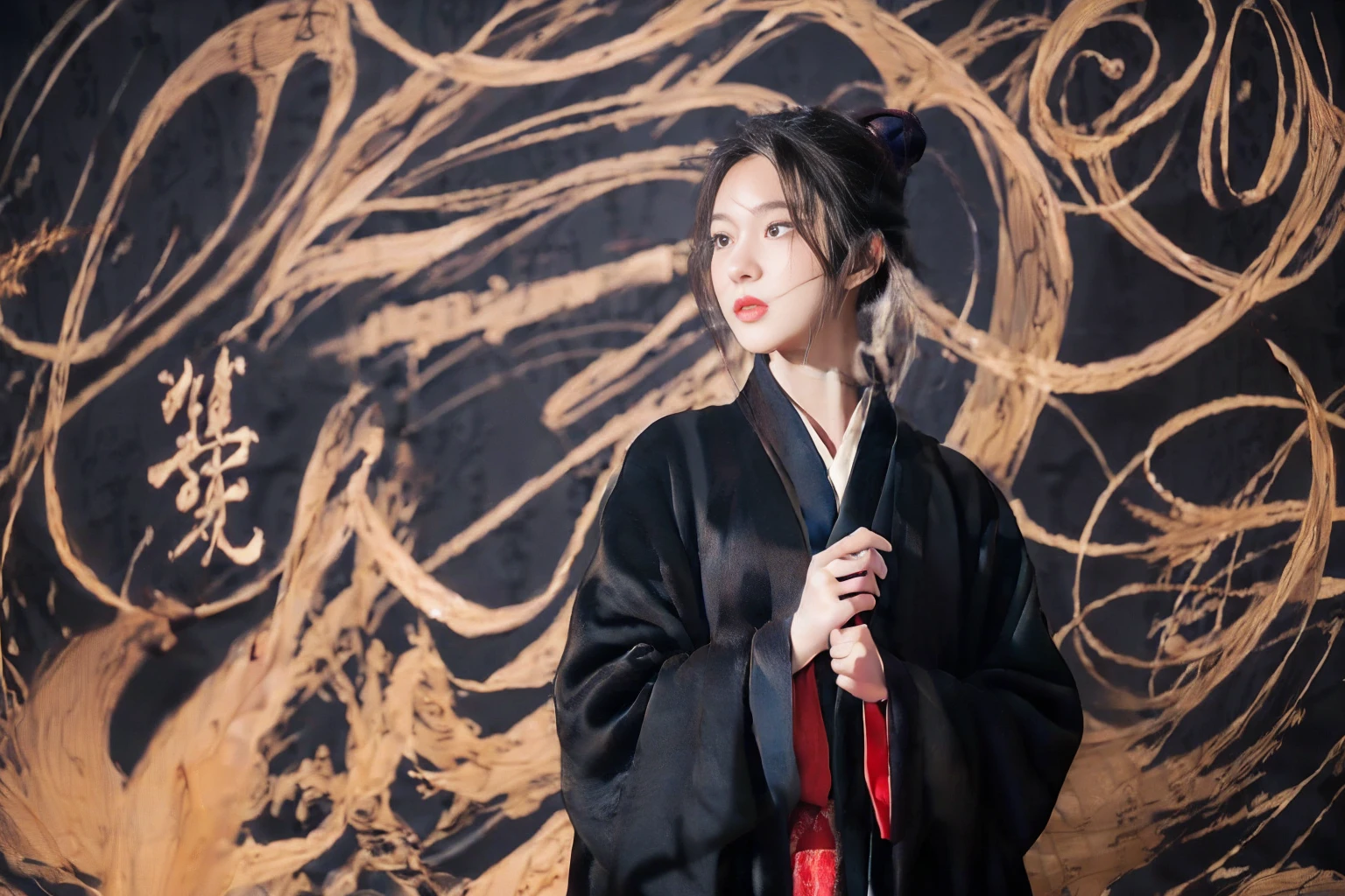 (calligraphy background:1.3),alone,1 girl,long hair,black hair,hair bun,Blurry background,Blurry,cursive,(Black overcoat:1.4),Hanfu,upper body,single hair bun,red lips,Hanfu,lips,parted lips,Chinese clothes,overcoat,slip,wind,I&#39;m thrilled,floating hair,(Portrait:1.2),, best quality , Masterpiece, illustration, Delicate and extremely beautiful, มีรายVery detailed ,CG,unity,8K wallpaper, miraculous, exquisite details, Masterpiece, best quality,official art,มีรายVery detailed CG unity 8K wallpaper,nonsense, incredibly nonsense, large file size , Very detailed, height, มีรายVery detailed,Beautiful girl with details, มีรายVery detailed eyes and face, Beautifully detailed eyes,light on face