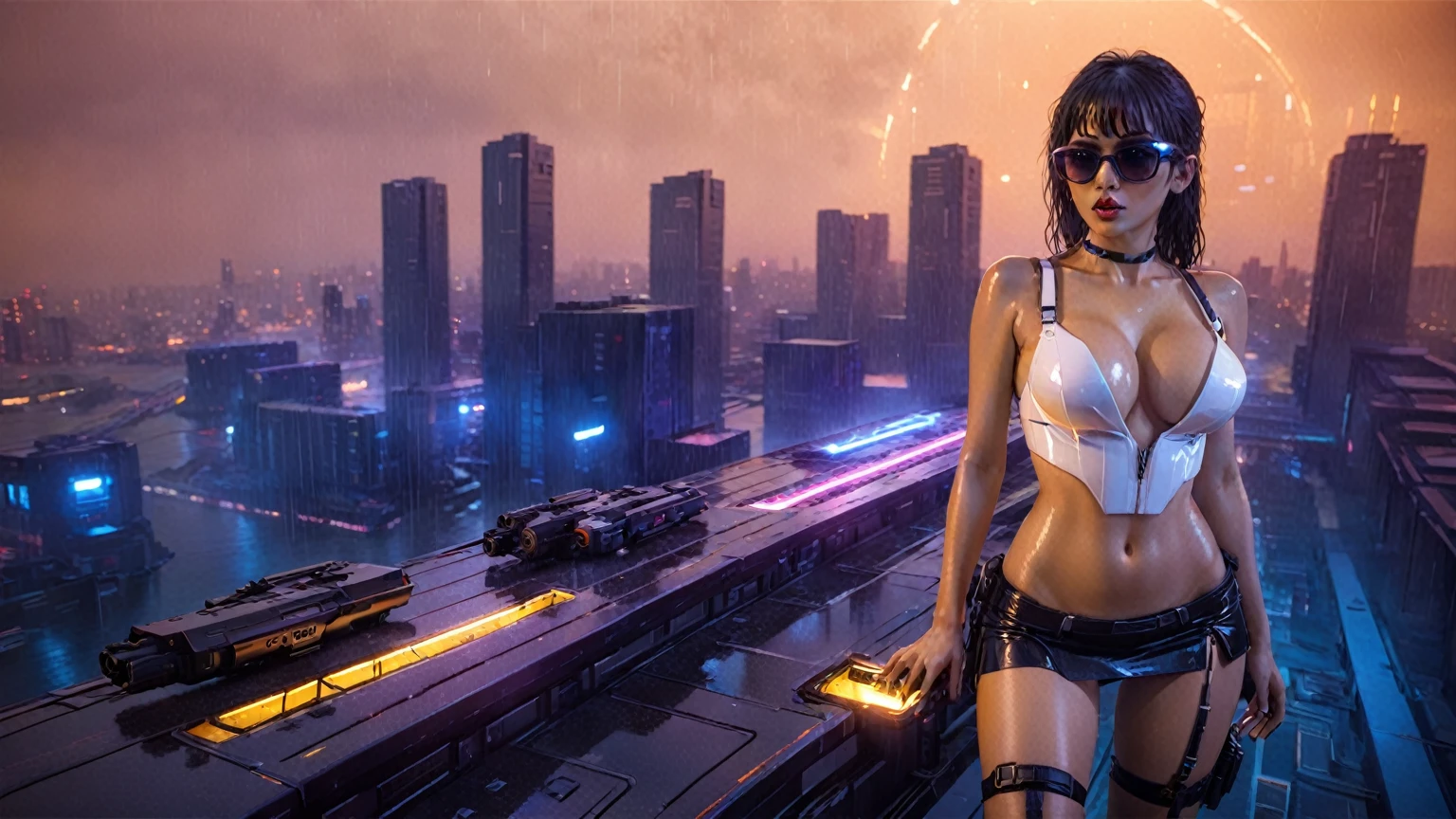 (aerial view), Blade Runner style futuristic railway platform, hi-tech train, neon lights, rainy night. (((1girl, solo, alone))), large-breast C-cup slim:0.9 body, cleavage:1.1, sexy miniskirt, (black sunglasses), ((holding a mini:1.2 pistol)), dynamic pose, half-body thigh level medium shot, cinematic lighting, ray tracing.