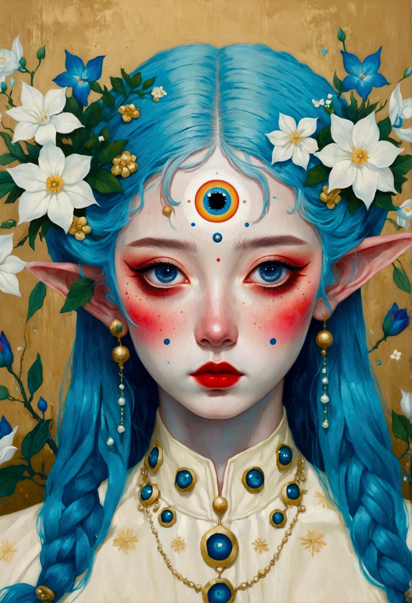 The painting shows a woman with blue hair and blue eyes,Elf ears,Exquisite accessories,Surrounded by flowers, Nandor Katona (Soldier Nándor) Surrealism, Winner of the Behance competition, Pop surrealism, Pop surrealism lowbrow art style, lowbrow Pop surrealism, japanese Pop surrealism, Third Eye Vision, Star-studded eyes,