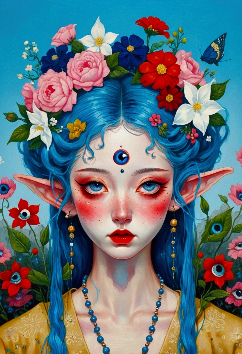 The painting shows a woman with blue hair and blue eyes,Elf ears,Exquisite accessories,Surrounded by flowers, Nandor Katona (Soldier Nándor) Surrealism, Winner of the Behance competition, Pop surrealism, Pop surrealism lowbrow art style, lowbrow Pop surrealism, japanese Pop surrealism, Third Eye Vision, Star-studded eyes,