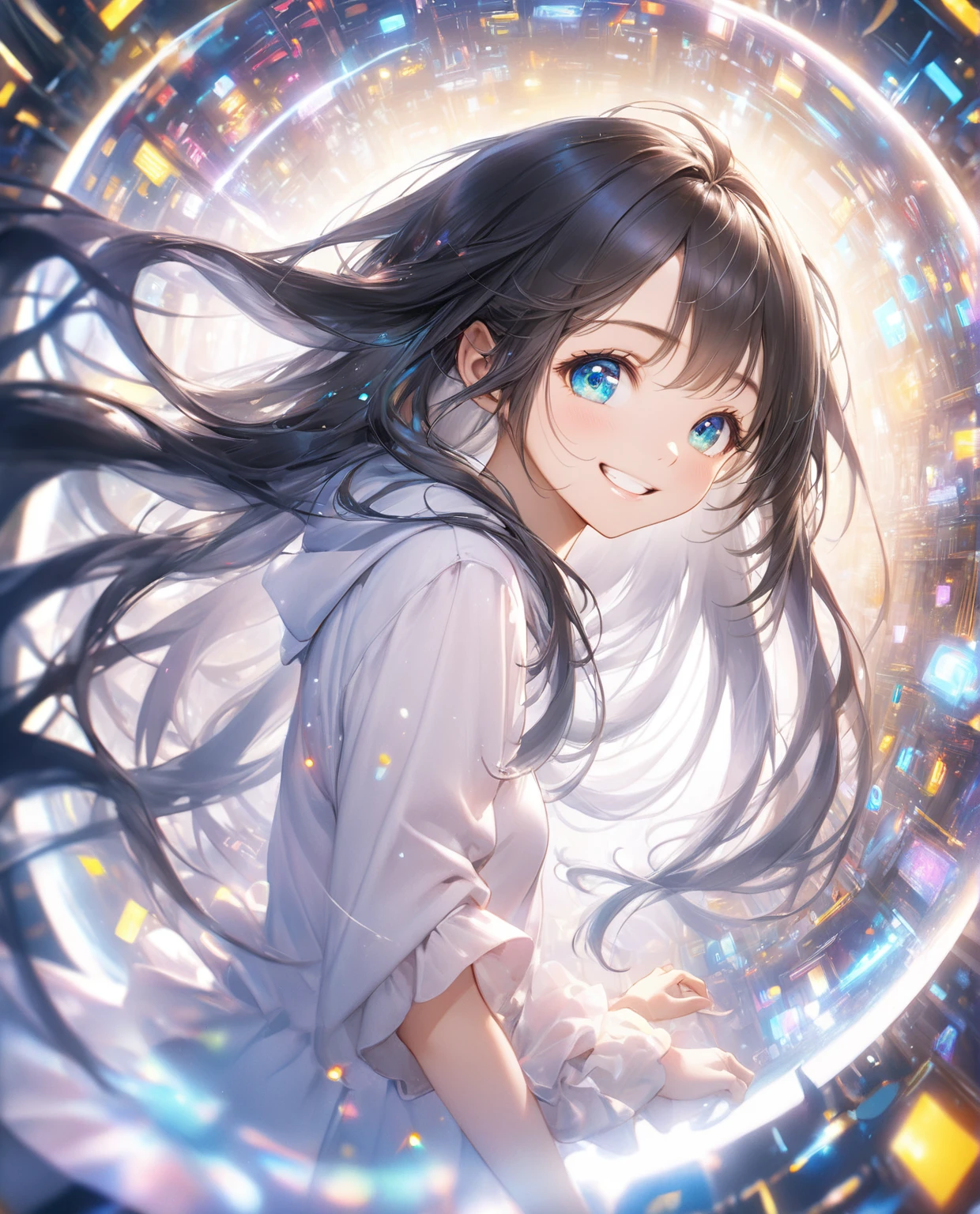 (Highest quality,8k,32K,masterpiece,Ultra-high resolution :1.2 ),born,One girl,Super cute,Natural light,Clear, shining eyes,20-year-old,Fair skin,An innocent smile,Electronic world fantasy background,Grin,Black hair,Long Hair