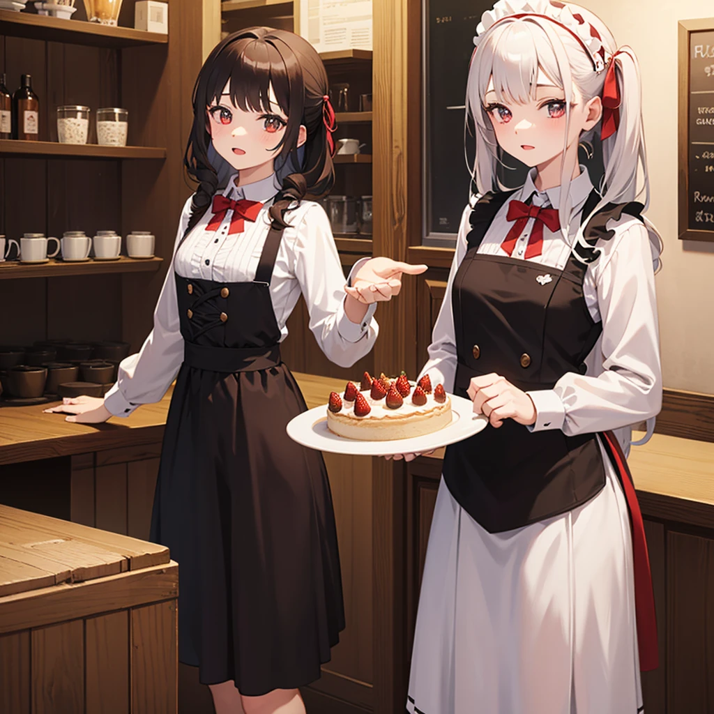 promo photo, the place is a coffee shop, 1 girl, 16 year old guy, waitress carrying cake to the table, red twin tails, rosto gentil, gothic ta half costume and maid costume with image of strawberries, white-based clothing, new