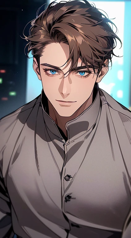 (Highest quality,4K,8k,High resolution,masterpiece:1.2),Very detailed,(Realistic,photoRealistic,photo-Realistic:1.37),1 person,26 years old,Mature Men,very handsome,Expressionless,smile,Short gray brown hair,blue eyes,Sharp eyes,Absolutely perfect face,Intimidating posture,Office Background,Cinema Lighting,HDR image