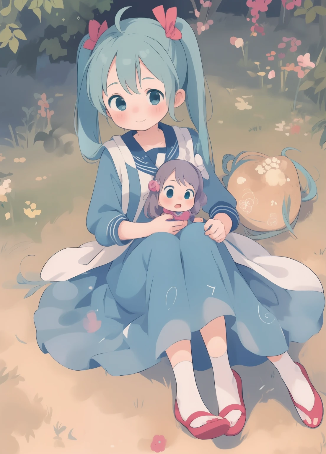 (masterpiece、Highest quality、Highest quality、Official Art、Beautiful and beautiful:1.2)、(One girl:1.3)Hatsune Miku、Twin tails,Beautiful , Katsushika Hokusai,Anime - Style image of a woman in a blue dress sitting on the ground, , Cute anime waifu in a nice dress, (Anime Girls), , Anime Girls, Small curves , かわいいAnime Girls, On pixiv, irritating, かわいいAnime Girls, 美しいAnime Girls, 魅力的なAnime Girls, Nurse girl, 魅惑的なAnime Girls