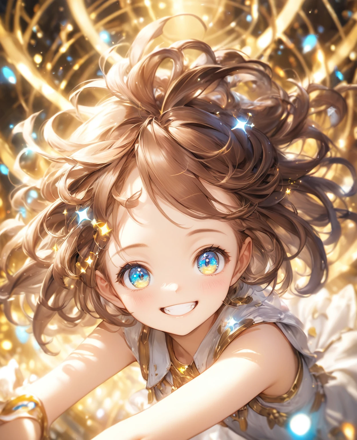 (Highest quality,8k,32K,masterpiece,Ultra-high resolution :1.2 ),born,One girl,Super cute,Natural light,Clear, shining eyes,20-year-old,Fair skin,An innocent smile,Electronic world fantasy background,Grin,Brown Hair,