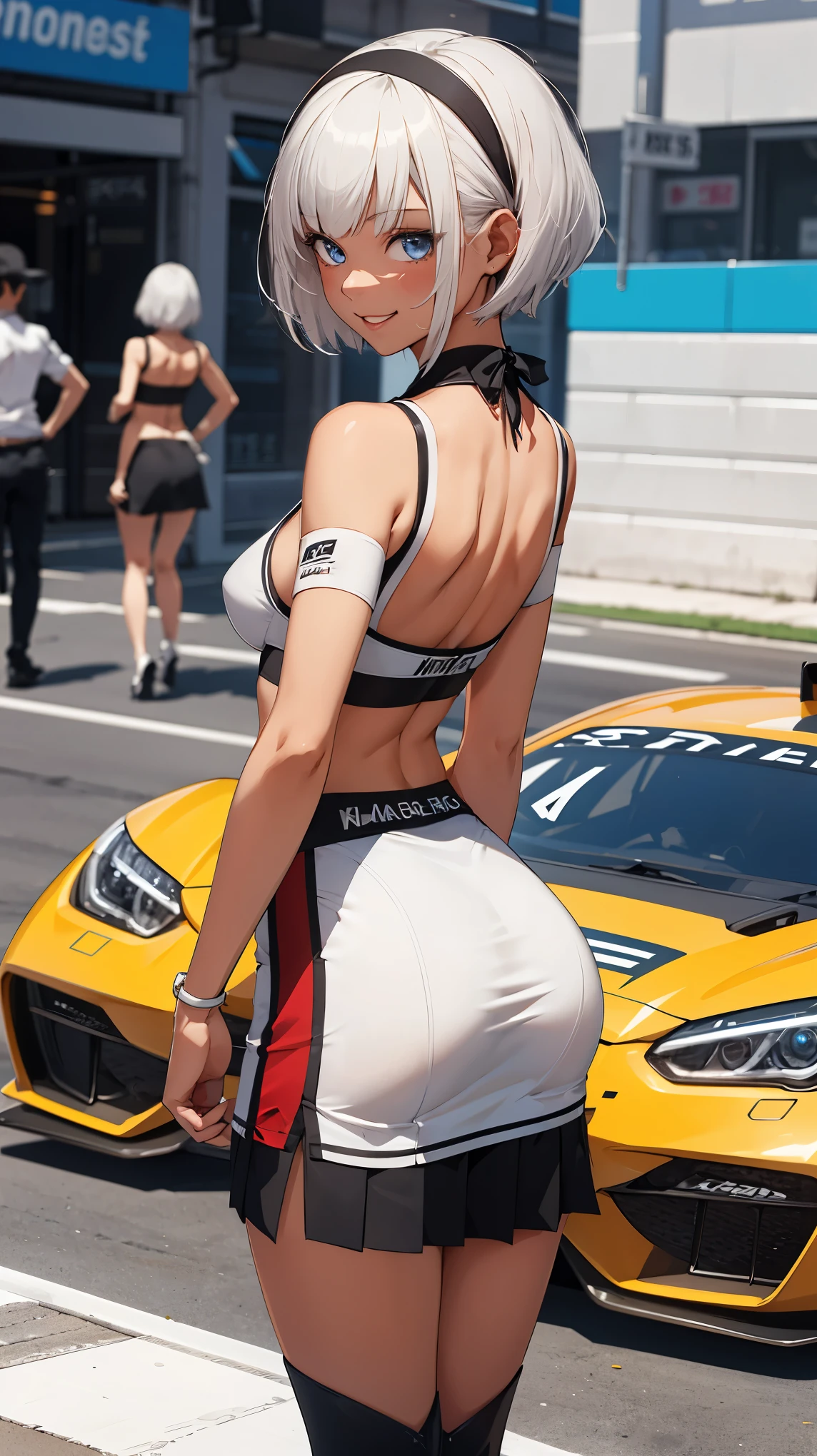 1 Girl、Beautiful silver hair、((((Very short hair))))、Blue eyes、(hair band)、((Blunt bangs)), small breasts、22 years old, (tsurime), Tight waist、smile、Natural lighting、Very cute face, Cute pose、Monte Carlo Street Circuit, Racing Car, Racing Bike, Promotion Girl, Grid Girls, The promotional costumes are exquisitely tailored., paying meticulous attention to detail, Lace-up boots, Short sleeve, Cropped tops, , Tube top bra, Knee-length, Exposing shoulders, Knee-lengthグリッターナイロンプリーツスカート, Asymmetrical medium size nylon pleated skirt, Promotional wear with logo, Red and white glitter promotional wear、sexy pose, bewitching pose, arched back, back shot, Shallow depth of field