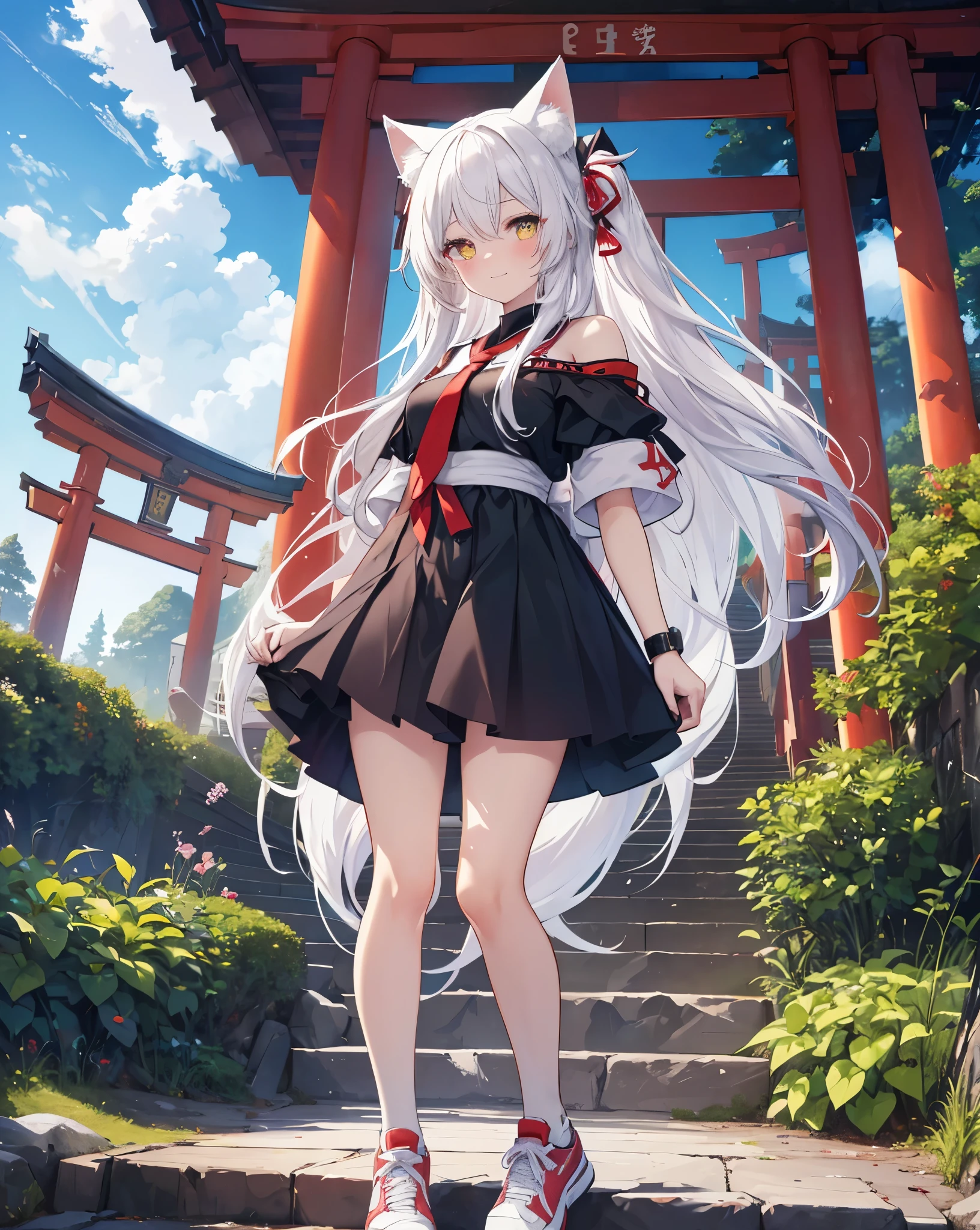 GENERAL DETAILS
(Highest quality, Masterpiece: 1.2), (Solo), 4K, 8k, hdr, ultra vibrant colors, detailed
cute shot
CHARACTER DESCRIPTION
1girl, cat ears, neko ears, fox tail. 
she's my girlfriend.
solo, yellow eyes, white_hair. 
smile, long_hair, hair_between_eyes, Cute smile, she's flirting, looking_at_viewer, she blush. 
Vivid pupils. 
A girl immersed in the world of anime High school description Noise.
CLOTHES 
bare shoulder,
ribbon on hair, Red Ribbon as necktie, black transparent black shirt, white shorts, red ribbon on hair, white nike sneakers with black details. 
AMBIENT
Japanese mountain, Red Torii, Blue sky, white clouds, hdr sky,(Anime coloring book sky), Heaven, cliff, mirage, meteorite, 1moon.
CORRECTION
easy hand pose
ACTION
She is Climbing the steps of Torii course To reach a Japanese temple surrounded by nature. 
She is walking in front of me, she has partially turned towards me to hold out her hand as we go up the temple stairs