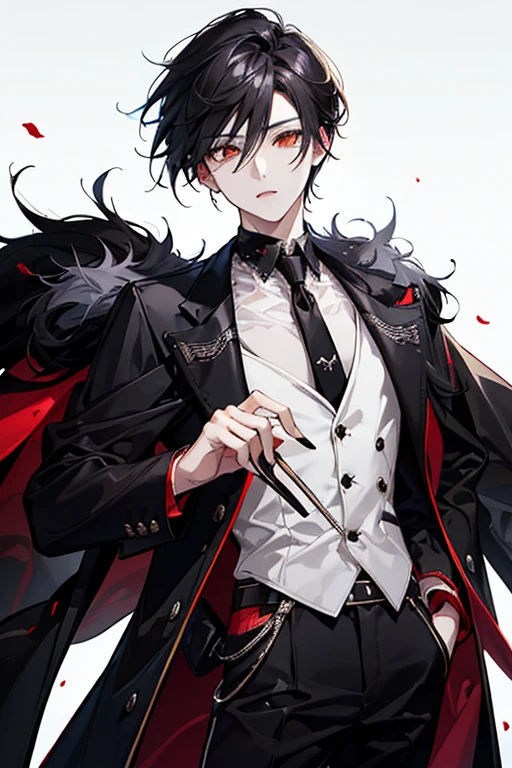 Chico, masculine, young, vampire, black fur, yellow pupils, White shirt, black pantaloon, black coat with red