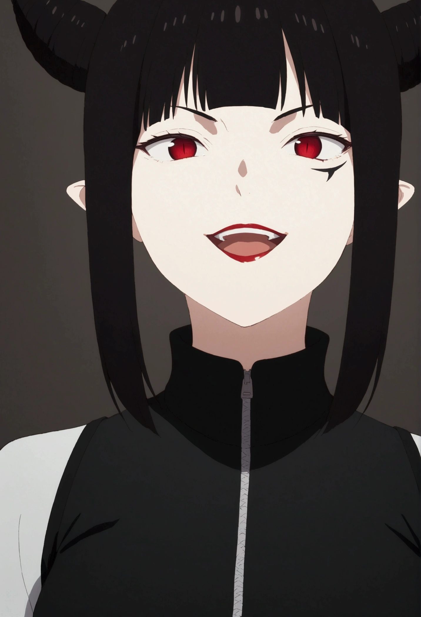 dark eye shadow,shining eyes,beautiful young fitness woman with , in a gym wearing May with black pantyhose, white and black gym jacket. standing alone,hair horns,red eyes glowing,Evil smile,legging preto ,labiaa,dark eye shadow,shining eyes,close up,open mouth with big evil smile
