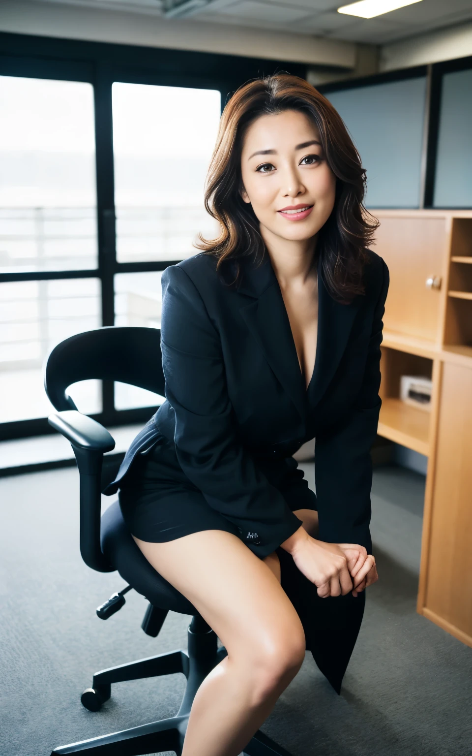 ((Best Quality, 8k, Masterpiece, Portrait: 1.3)), (looking at viewer), Photorealistic, Sharp Focus, glare, beautiful Japan Lady, wearing Underwear with big Cleavage View, 35 Years Old, Wavy Hair, ((double eyelid, eyelash, lip gloss)), (Wrinkles at the Corners of the Eyes:0.6), ((Sit with Open your legs wide on office chair:2, two knees up)), (loose waist:1), (open legs:1.2), (open mouth:0.7), (joy:0.5), ((open mouth:1)), Darkness Nobody Office Room,