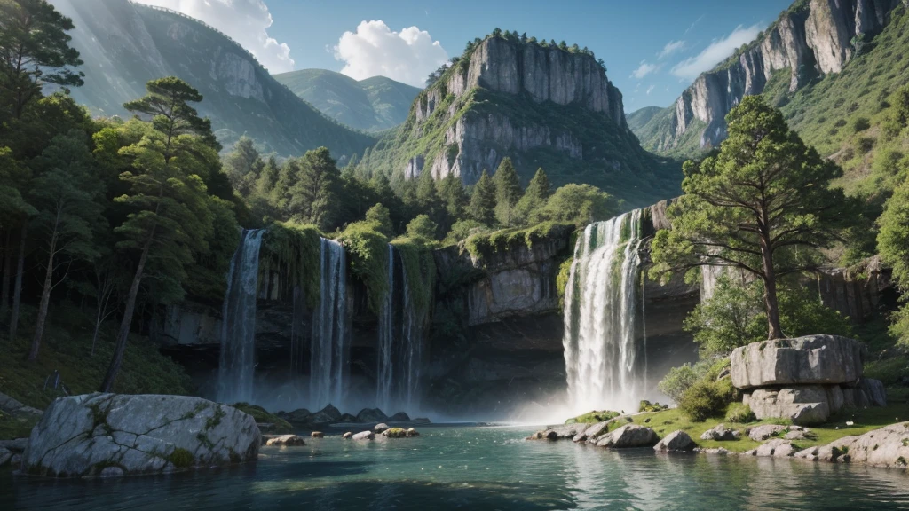 Generate a landscape with vegetation, waterfall and LARGE ancient stones.