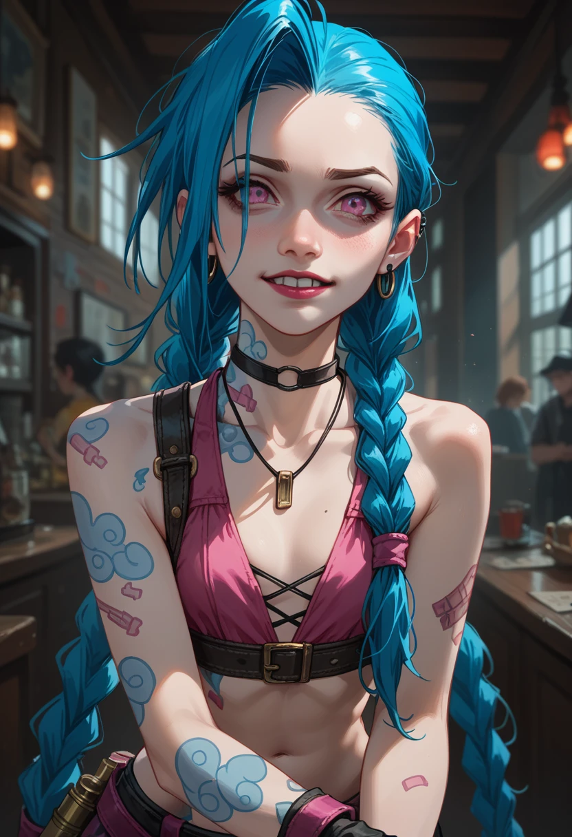 [Jinx League of Legends], Jinx Lol, masterpiece, (Best quality: 1.2), (a high resolution), (top quality), (8 K, 4K, difficult), (whole body), short pink