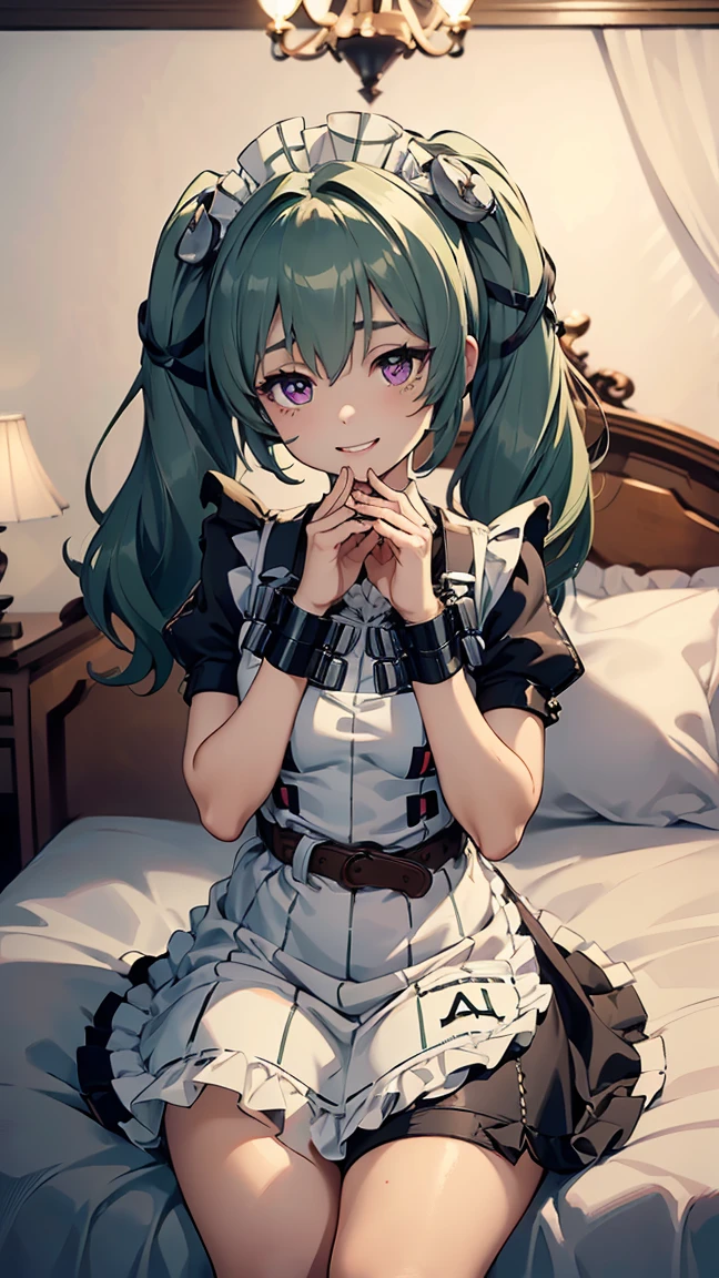 corin, purple eyes, green hair, long hair, twintails, hair ornament maid headdress, black dress, puffy short sleeves, frilled apron, high belt, chains, shin strap, black wristband, metal cuffs, black boots, frilled dress, striped apron,--(8K, Raw, Highest quality, Real 1.2), Ultra High Quality, High Resolution, Top Quality, Perfect Face, Perfect Limbs, Perfect Fingers, High Resolution, (Beautiful Anime Face, Cute Face, Detailed Face), Joyful Smile, Smiling Expression, Lying on Bed, Cowboy Shot, Miniature Human Hands, (((Medium Bust 1.3))), (((Thin Thighs 1.3))), Pure White Chalk Interior, Pure White Marble Interior, ((Pure White Bedroom Like Western Castle 1.5)), (((Luxurious Pure White Canopy Bed 1.4)), (((Chandelier 1.4))), ((Pure White Bed 1.5)), ((Beautifully Decorated Bedroom 1.5)), ((Modern Style Bedroom 1.5 )), perfect anatomy, perfect proportions, nice lighting, bright colors, clean lines, information, blurred, stunning facial expressions, restless emotions, gorgeous and cute, beautiful face and eyes with every detail, (masterpiece) beautiful face, young and handsome girl, really perfect skin, blurred, facial expressions, restless emotions, gorgeous and cute, beautiful face and eyes with every detail, (Audrey Hepburn), (cute), (J-POP idol), (thighs, (depth of field), (depth of field), soft light, sparkling lens gaze, (droopy eyes), straight teeth, shy smile, fluttering hair, a scene from Blake's movie,