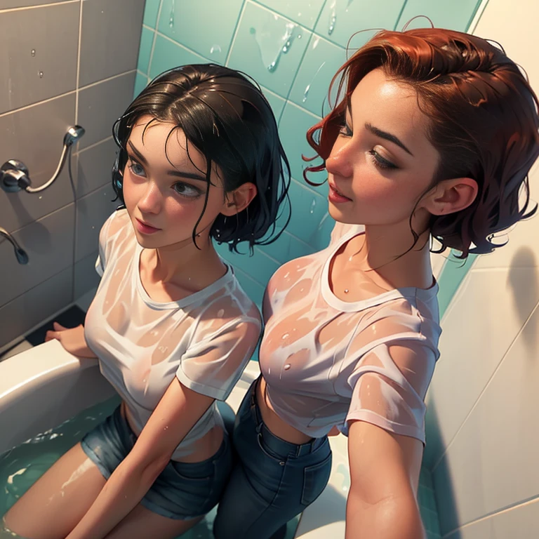 Two women (one woman is 60 years old and the other is 18 years old) in a bathroom looking at each other, lips touching, Wet shirt, Lesbians, Wet, Bottom angle, soaking Wet, under a shower, sapphic art, Cute girls, carnal ) Wet, Foto POV, darling wash in the rain, In bathroom, Lesbian, two girls, wet, Wet tshirt, Bottom shot, Wet and slimy, wash in the rain