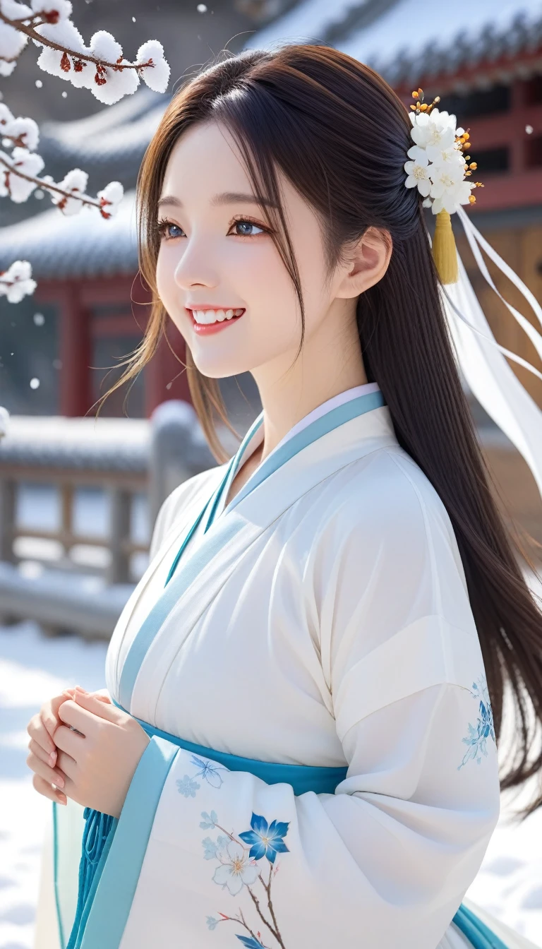 best quality, 4k picture quality, 1 girl, White Hanfu, snow, Long hair fluttering in the wind, A healing smile, Large aperture, Blurred background