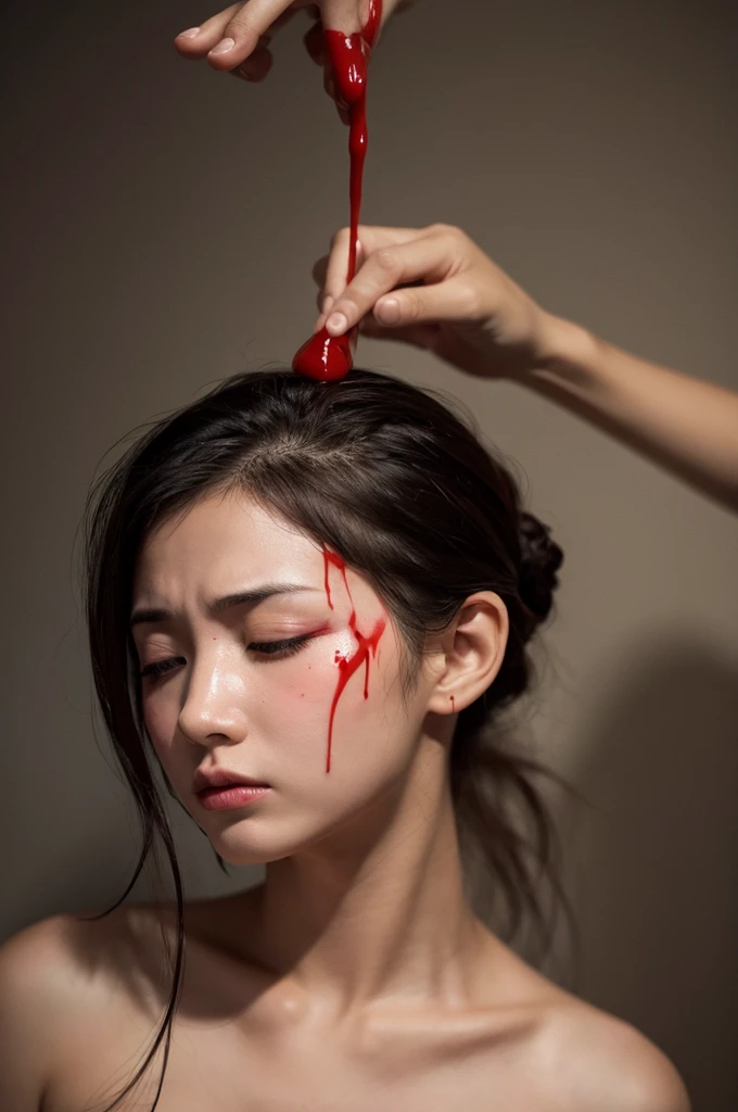Naked woman being decapitated A sad expression Bleeding