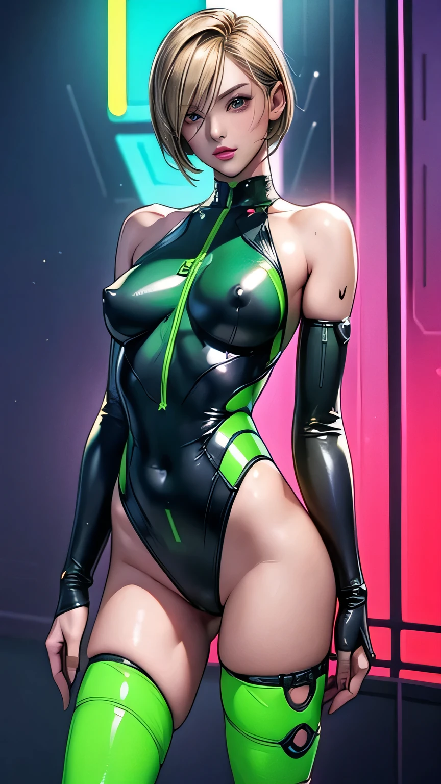 beautiful woman,android soldier in future high-cut legs swimsuit that clings tightly, facing front,wearing seductive green cyber battle suit,nipples outline visible ,standing, sexaroid,female android, cyberpunk,short hair, blonde hair, silky hair, small breasts, looking at viewer, red eyes, ultra detailed, best quality,aesthetic