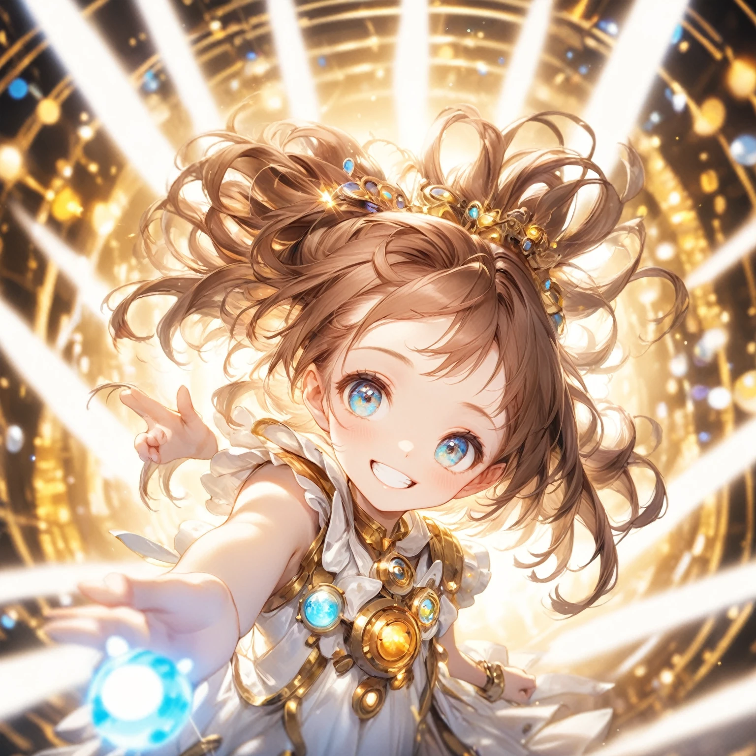 (Highest quality,8k,32K,masterpiece,Ultra-high resolution :1.2 ),born,One girl,Super cute,Natural light,Clear, shining eyes,20-year-old,Fair skin,An innocent smile,Electronic world fantasy background,Grin,Brown Hair,