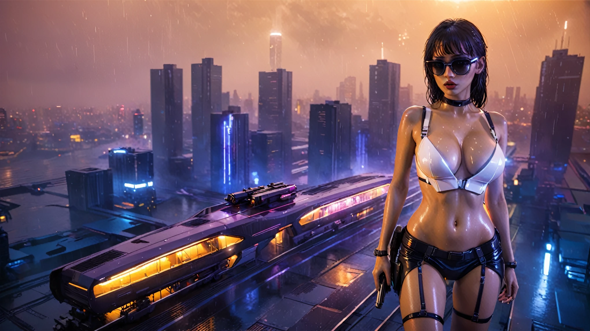 (aerial view), Blade Runner style futuristic railway platform, hi-tech train, neon lights, rainy night. (((1girl, solo, alone))), large-breast C-cup slim:0.9 body, cleavage:1.1, sexy miniskirt, (black sunglasses), ((holding a mini:1.2 pistol)), dynamic pose, half-body thigh level medium shot, cinematic lighting, ray tracing.