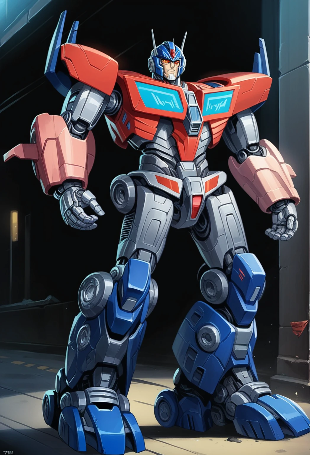 a close up of a robot standing on a street near a building, optimus prime, from transformers, goku fused with optimus prime, transformers tech, in the movie transformers, high detailed official artwork, transformer, cybertronian, cybertron, official character art, official art, tfwiki.net photography, tfwiki. net photography, full body red mech
