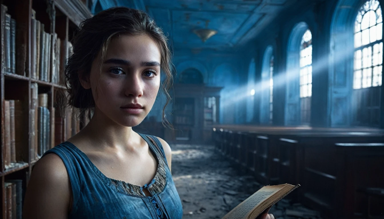 Create a cinematic, realistic photo. In an abandoned, blue-toned library with dust-covered books and broken shelves, Jessy stands in the middle of the room, illuminated by a soft, ethereal blue light filtering through a cracked ceiling. She holds an old, leather-bound book close to her chest, her face clearly visible and filled with a mix of sadness and quiet determination. The light highlights the contours of her face, emphasizing her resolute expression as she affirms her worthiness. The surrounding decay contrasts with the clarity of her focused gaze, symbolizing her inner strength and belief in her own greatness despite the desolate environment. The overall mood is serene and breathtaking.