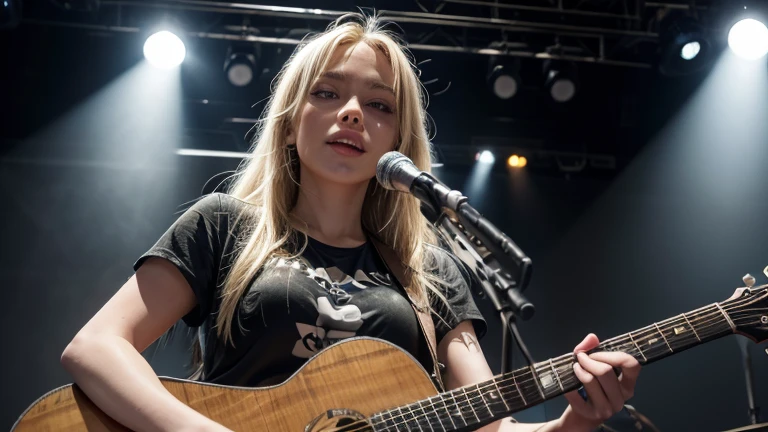 A blonde woman (@micaela), with a guitar in her hand.
in a live show,
on a lit stage, with his full band,
and large audience.
NEGATIVE PROMPTS
deformity, ,defect in hands,defect in face,ugliness,