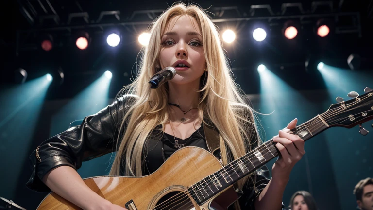 A blonde woman (@micaela), with a guitar in her hand.
in a live show,
on a lit stage, with his full band,
and large audience.
NEGATIVE PROMPTS
deformity, ,defect in hands,defect in face,ugliness,