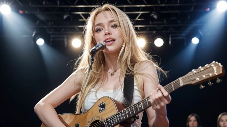 A blonde woman (@micaela), with a guitar in her hand.
in a live show,
on a lit stage, with his full band,
and large audience.
NEGATIVE PROMPTS
deformity, ,defect in hands,defect in face,ugliness,
