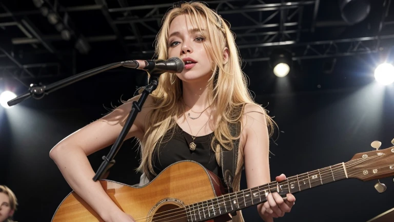 A blonde woman (@micaela), with a guitar in her hand.
in a live show,
on a lit stage, with his full band,
and large audience.
NEGATIVE PROMPTS
deformity, ,defect in hands,defect in face,ugliness,