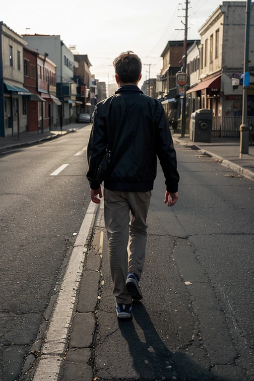 A boy on a road surrounded by temptations such as alcohol or tobacco but he ignores those temptations and continues walking forward