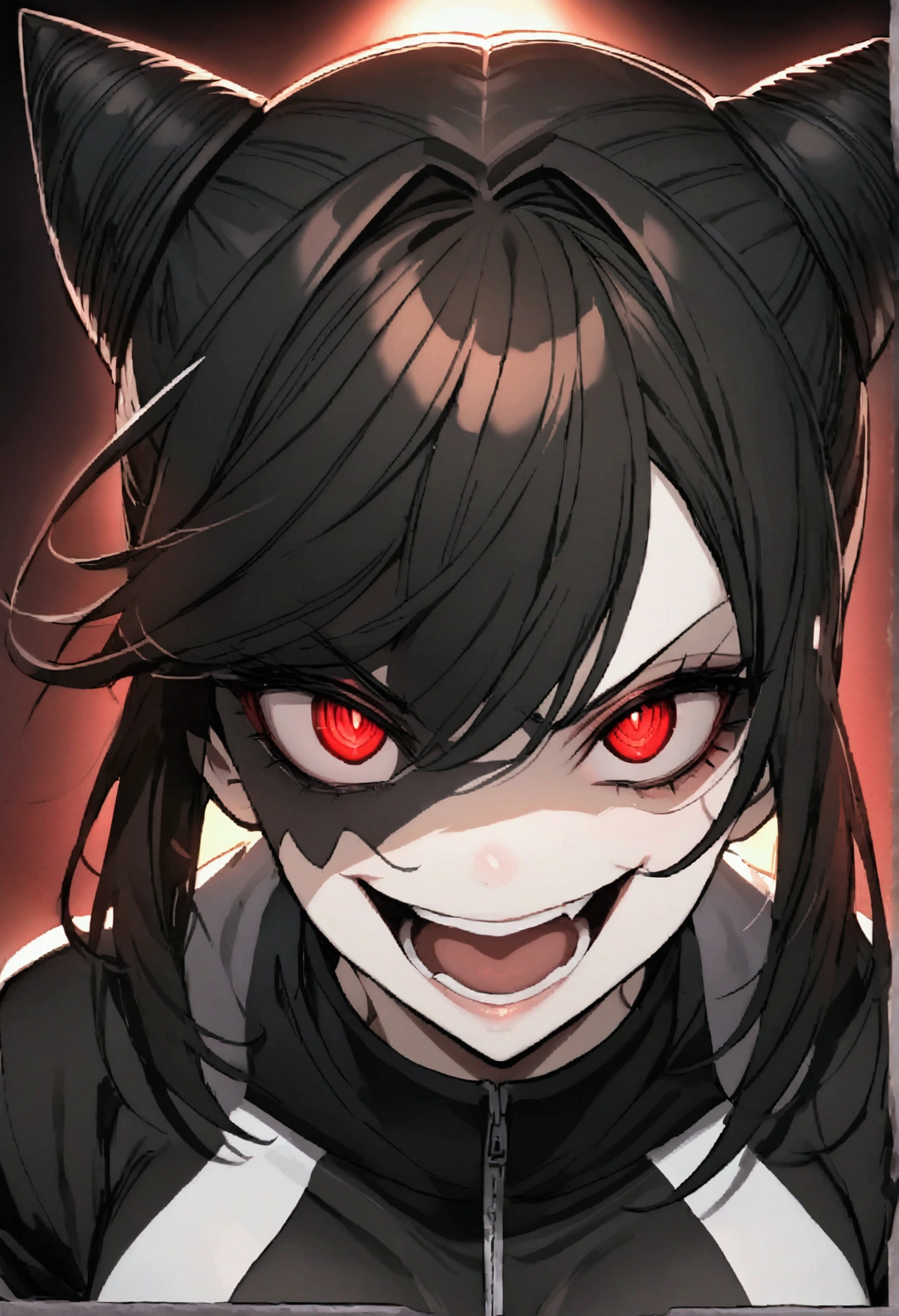 dark eye shadow,shining eyes,beautiful young fitness woman with , in a gym wearing May with black pantyhose, white and black gym jacket. standing alone,hair horns,red eyes glowing,Evil smile,legging preto ,labiaa,dark eye shadow,shining eyes,close up,open mouth with big evil smile
