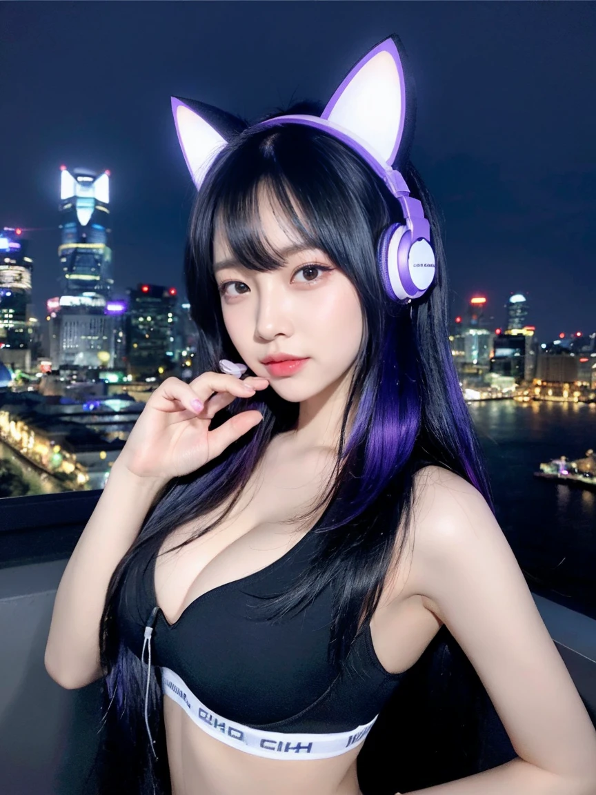 最high quality, masterpiece, 32K、Very detailed、Realistic、1 girl, Japanese women、Cute Face, (photo Actual:1.3),Bob Hair(Blue-violet hair color、Amazing blue and purple hairstyles)、Edge lighting, (Skin with attention to detail:1.2), 8k超High resolution, Single-lens reflex camera, high quality, High resolution, 4K, 8k, Optimal ratio of four fingers to one thumb, (Actual:1.3), cute 1 girl, Realistic、Super Realistic、32K、Very detailed、masterpiece, 最high quality, beautiful girl, beauty、Mecha, Beautiful lighting, (Neon Light:1.2), (night:1.5), K-Pop Idol Costumes、Grey Calvin Klein bra、Shorts、Large Breasts(big 、There is a valley)、Cat ears microphone headphones(Headphones Gaming Headgear with Mic、Head Fan)、Are standing、Cyber Neon、Future City、Skyscraper、都会のnight、Shanghai、big cities、night景、綺麗なnight景
