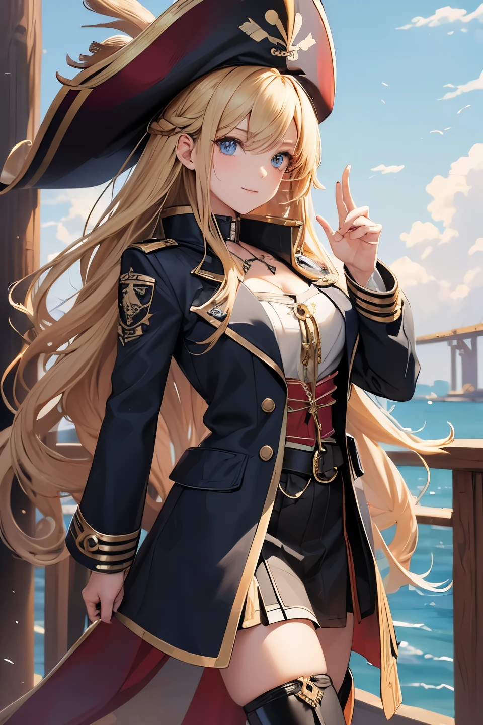 (masterpiece:1.3), (best quality:1.1), (8k, ultra detailed, ultra high res:1.2), ((anime style)), ((perfect 5 fingers, perfect anatomy)),
1girl,
BREAK long hair, wavy hair, (blonde hair), (blue eyes), {pirate, pirate hat, pirate coat, long boots, zettai ryouiki:1.5}, cowboy shot, outdoor,