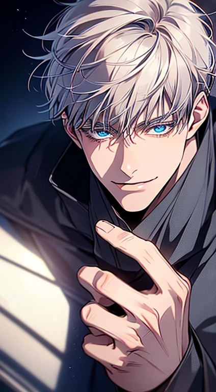 (Highest quality,4K,8k,High resolution,masterpiece:1.2),Very detailed,(Realistic,photoRealistic,photo-Realistic:1.37),1 person,26 years old,Mature Men,very handsome,Expressionless,smile,Short gray brown hair,blue eyes,Sharp eyes,Absolutely perfect face,Intimidating posture,Cinema Lighting,HDR image