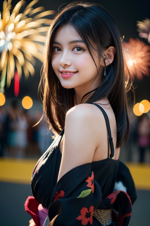 (((Real beauty))), RAW Photos, Black Hair、folder、Round eyes、False eyelashes、Straight hair, correct、Pink lipstick、Striped Hair、Brown Hair、Blue Hair、(Dark blue hair)、(Gradient Hair)、Asymmetrical hair、Hair behind the ear、Crossed bangs、Long Hair、(お尻までLong Hair)、Long Hair、Straight bangs、Smooth, Silky Hair、Hair up on one side、とんでもなくLong Hair、Light brown eyes、Ring Eye、Round eyes、Wicked Smile、A light smile、Cast a Shadow、(Extraordinary presence)、Atmospheric perspective、Backlight、Exposure、Lens flare、、最high quality、超High resolution、超High resolution、Very realistic, masterpiece、correct、Textured skin、high quality、最high quality、Awards、32K, 髪のfolder、Crafty、A light smile、Embarrassed laugh、Redness in the ears、correct、Subjective、Shine、360° View、Very detailed、超High resolution、解剖学的にcorrect、masterpiece、Accentuate your breasts、High resolution、Attention to detail、Long eyelashes、A slight blush、Compensate, (((Summer festival))),(((Fireworks display))),(((Black yukata)))
