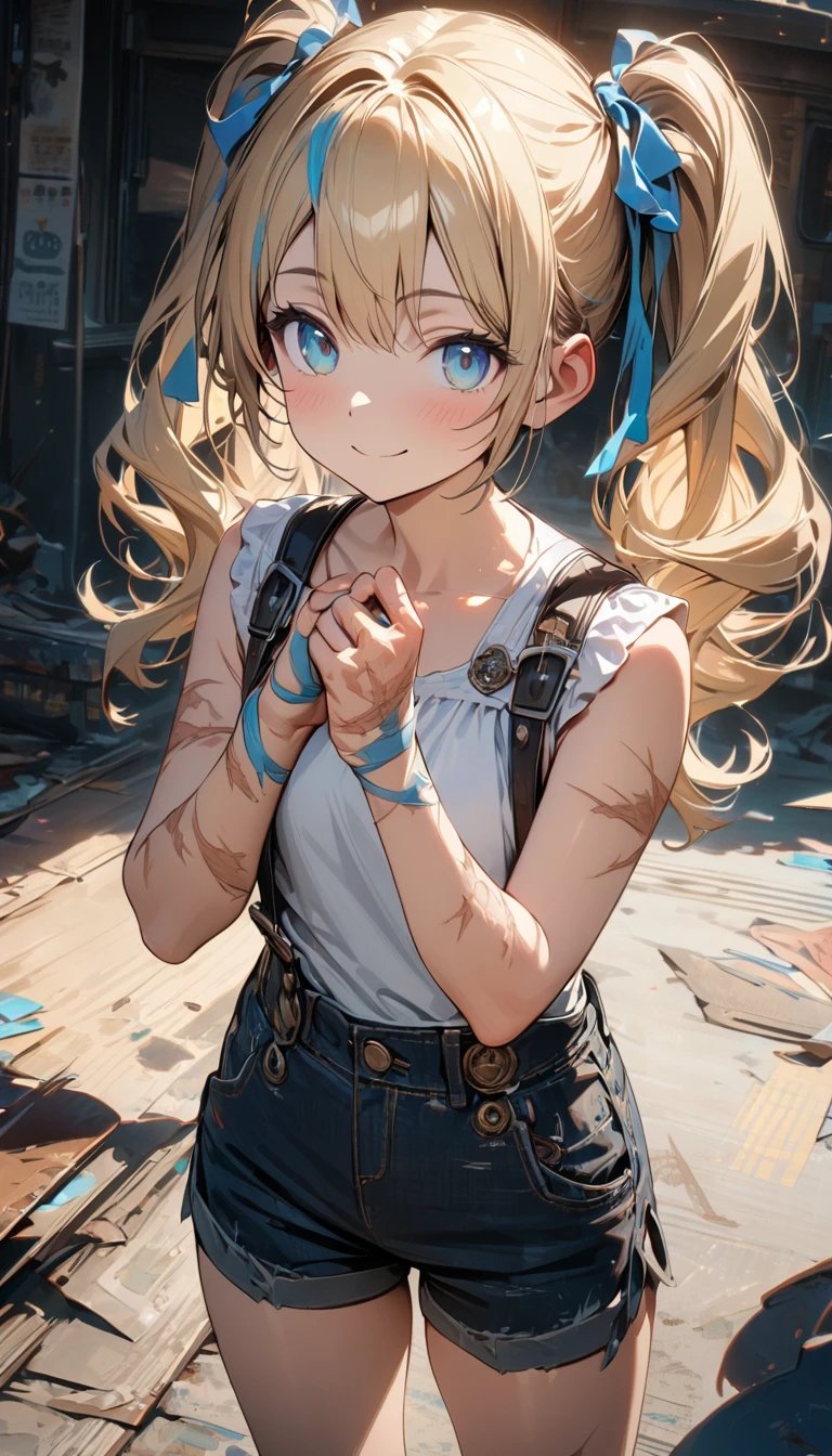 young girl, long blonde hair, two ponytails, turquoise eyes, white tank top, shorts, black suspenders, scars on hands, smile, pink and blue ribbons in hair, Masterpiece, best quality, Full HD, 8k, ultra details, great graphic