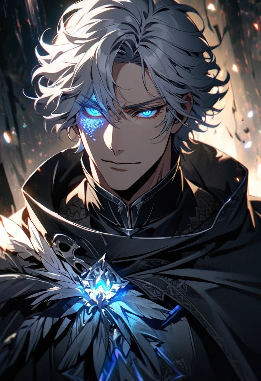 male, solo, handsome, silver hair, shadow, experienced, dark silver general cloak, blue eyes, beautiful eyes, glowing eyes, high detail, villain, middle-age, silver aura, holo, macro picture, mature, anti hero, parted bang, short hair, feather on shirt, god eyes