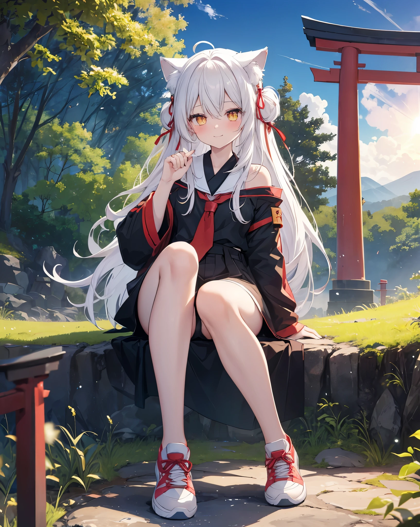 GENERAL DETAILS (Highest quality, Masterpiece: 1.2), (Solo), 4K, 8k, hdr, ultra vibrant colors, detailed cute shot CHARACTER DESCRIPTION 1girl, cat ears, neko ears, fox tail. she's my girlfriend. solo, ((yellow_detailed_eyes)), ((white_hair)). smile, long_hair, hair_between_eyes, Cute smile, she's flirting, looking_at_viewer, she blush. Vivid pupils. A girl immersed in the world of anime High school description Noise. CLOTHES bare shoulder, ribbon on hair, Red Ribbon as necktie, black transparent black shirt, white shorts, red ribbon on hair, white nike sneakers with black details. AMBIENT Japanese mountain, Red Torii, Blue sky, white clouds, hdr sky,(Anime coloring book sky), Heaven, cliff, mirage, meteorite, 1moon. CORRECTION easy hand pose ACTION she is sitting under a torii , near a Japanese temple surrounded by nature. in the middle of the forest. lensflare. sunflare. delicate shot.
