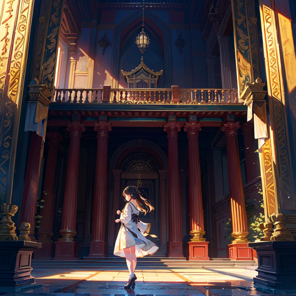absurdres, highres, ultra detailed, (1girl:1.3), BREAK , Design a beautiful temple scene, with intricate architecture, lush gard